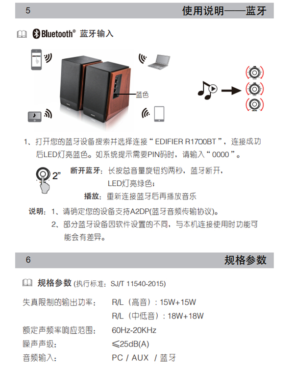 漫步者R1700BT桌面音响的产品使用说明书