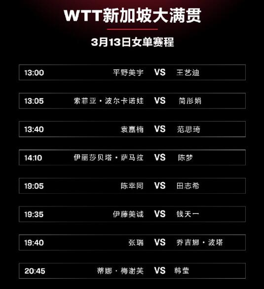 今天WTT新加坡大满贯2023赛程 3月13日国乒女单比赛直播时间表