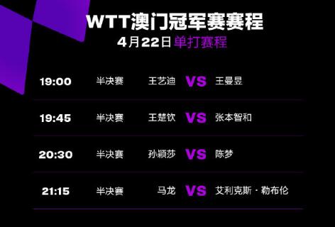 WTT澳门冠军赛半决赛视频直播观看入口 4.22今天澳门乒乓球赛CCTV5直播时间